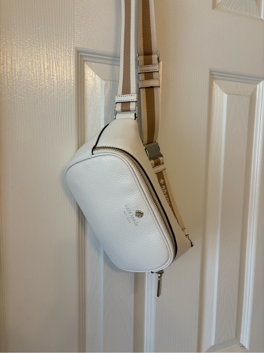 kate spade White Pebbled Leather Belt Bag with Striped Strap